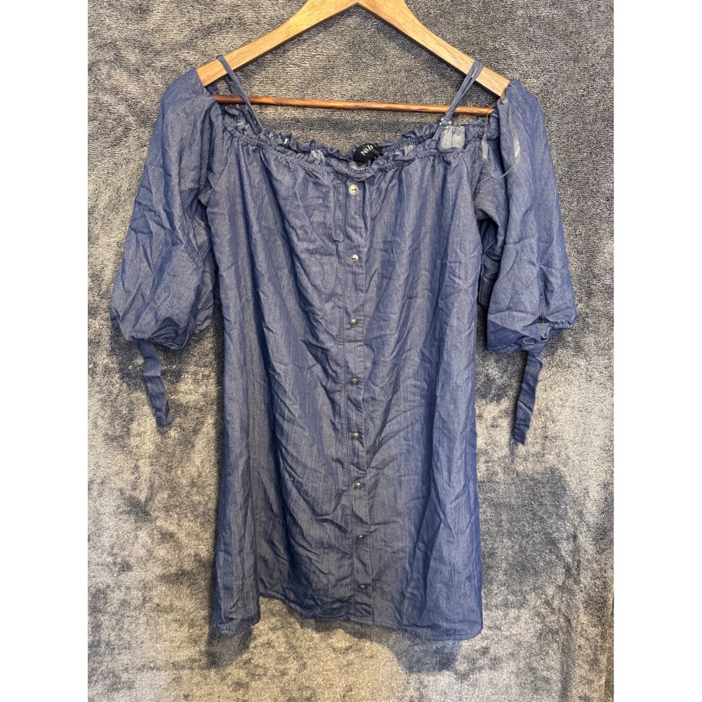 NAÏF Blue Chambray Off The Shoulder Mini Dress Button Down Puff Sleeve Small